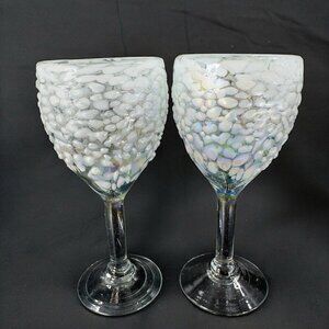 White Graniti Iridescent Art Glass Goblet Set 2 Barware Glasses Textured Cups